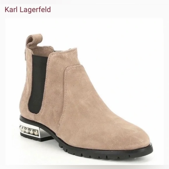 Karl Lagerfeld Paris Simone chain Heel Suede Ankle Designer Western Boots Sz 7.5 - Picture 1 of 14